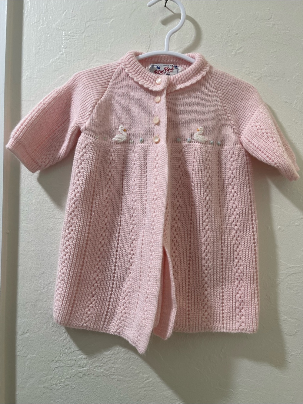 Vintage Blue Bird Pink Knit Baby Cardigan with Swan Embroidery 3T